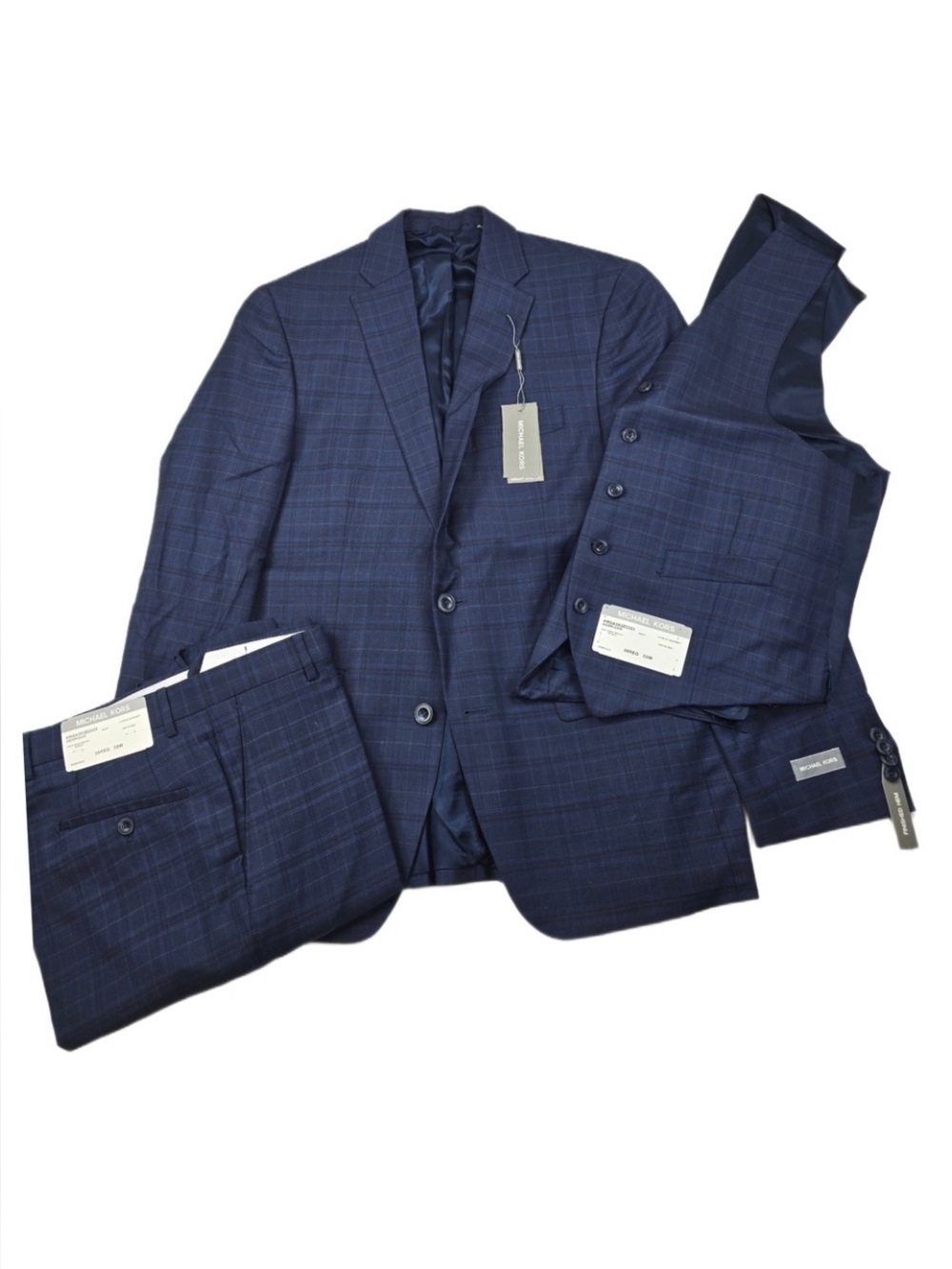 Michael Kors, new style, slimmer cut, Navy Plaid Three-Piece Suit